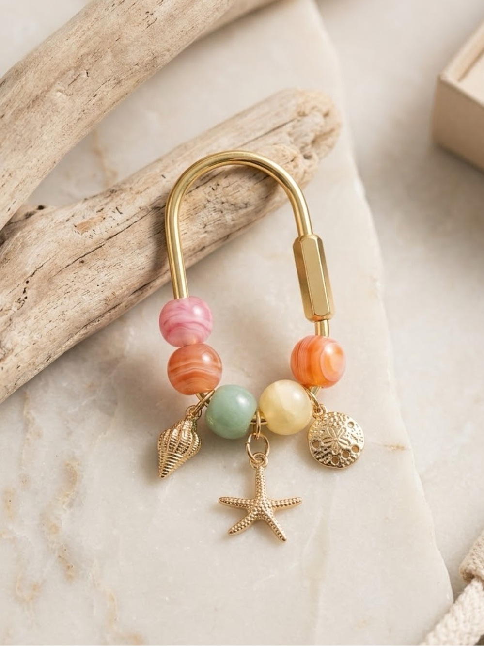 Viral Carabiner Pastel & Gold Beaded Bag Charm Keychain with Seashell Charms